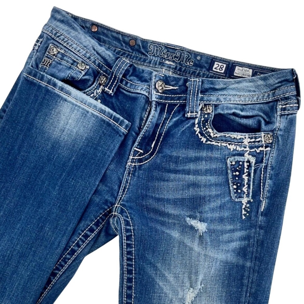 Miss Me Easy Cropped Jeans Distressed Embellished Size 30* Medium Wash JE5836EC